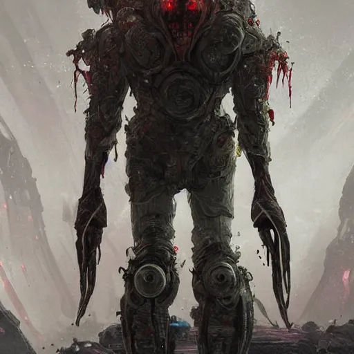 Image similar to scifi art by Greg Rutkowski, a person infected with a kind of reddish sienum that is sprouting from all over his body, violent and vicious appearance, dressed in a futuristic mining space suit, claustrophobic science fiction setting inside a desolate space colony, detailed and intricate environment, high technology, digital painting, artstation, concept art, smooth, sharp foccus ilustration, Artstation HQ.