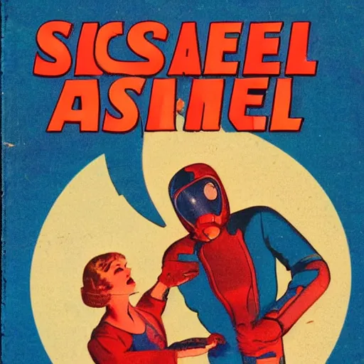 Image similar to vintage sci-fi book cover, high detail, damsel in distress, warm azure tones, red color bleed, film grain