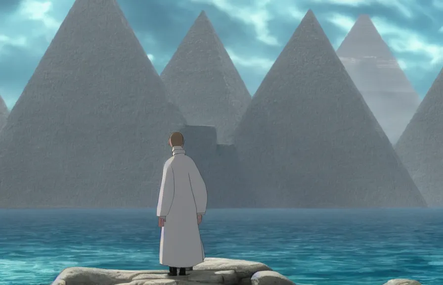 Prompt: a cell - shaded cartoon movie still from howl's moving castle ( 2 0 0 4 ) of a monk in a grey robe. in the background is a white pristine pyramid in the ocean. shafts of sunlight come from above. wide shot, very dull muted colors, hd, 4 k, hq