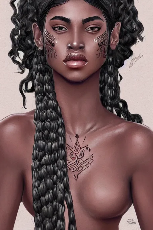 Prompt: A bust of a beautiful dark skinned Maori girl with large lips and smooth eyebrows and straight hair, HD, illustration, epic, fantasy, intricate, elegant, amazing detail, digital painting, artstation, concept art, smooth, sharp focus, illustration, art by Turine Tran