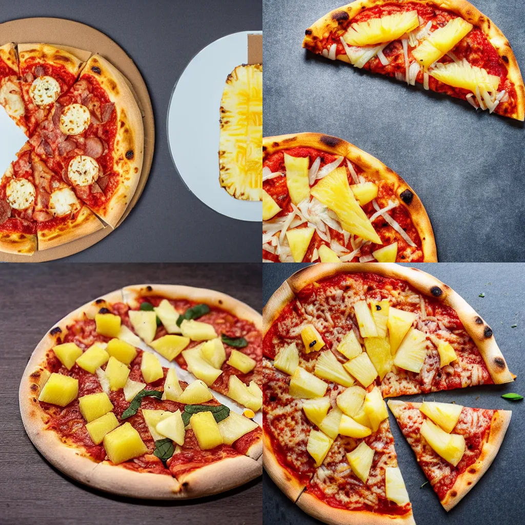 Prompt: a pizza with rice, potato slices and pieces of pineapple