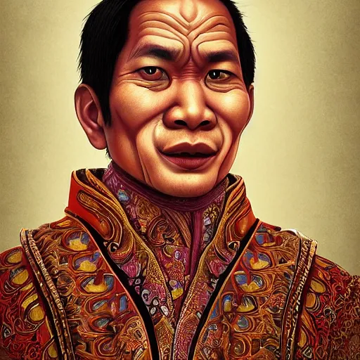 Image similar to javanese man wear traditional dress. matte, facial features, symmetrical anatomy, hyperdetailed, digital art, baroque, pop punk art style, fantasy, full body pictures, without duplication, art by artgerm and ilya kuvshinov and vinicius gud and gustavo zambelli, intricate, octane render.