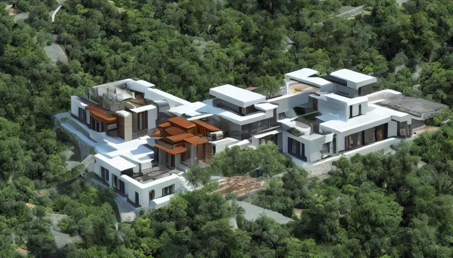 Image similar to residential villa inspired by tibetan architecture, on city, overlooking a valley with trees, frank lloyd wright, zaha hadid, le corbeusier, photorealistic, birds eye view