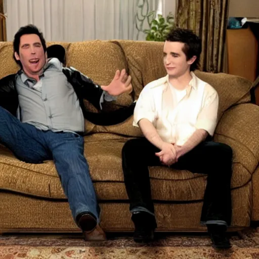Image similar to john travolta and elijah wood sitting on a couch playing xbox ps 2