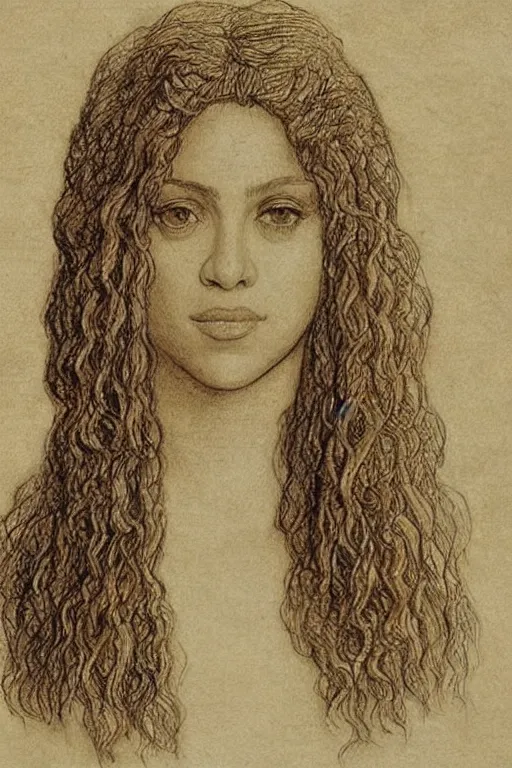 Image similar to a portrait of shakira in the style of leonardo da vinci drawing,, single head, no double head,