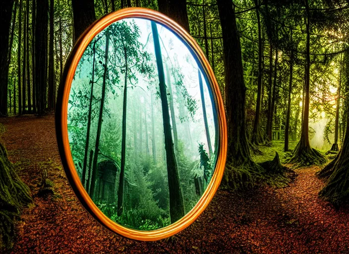 Prompt: photo of a mirror that is a portal to another world, in the forest. Fantasy magic style. Highly detailed 8k. Intricate. Nikon d850 55mm. Award winning photography.