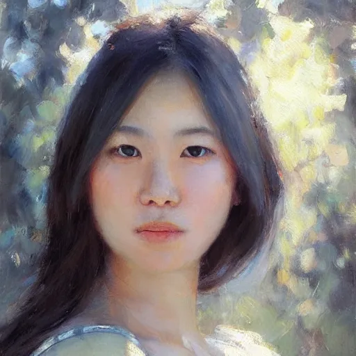 Image similar to “beautiful asian girl portrait in morning sun, Danile Gerhartz, oil painting, high resolution, highly detailed”