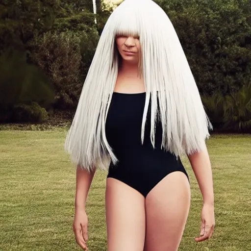 Image similar to Sia furler photoshoot wearing a leotard full body puffy sia wig