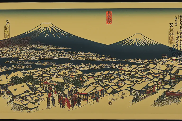 Image similar to Winter,Town at the Foot of Mount Fuji,Lithograph Print, by Taizi Harada.