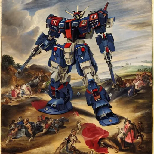Image similar to peter paul rubens as consequences of wars with mecha gundam invited, random content position, delete duplicate content, photorealistic details content, incrinate, masterpiece, ultra detailed human structures.