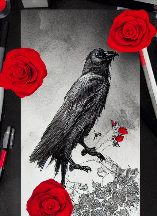 Image similar to portrait, A crow with red eyes in front of the full big moon, book cover, red roses, red white black colors, establishing shot, extremly high detail, foto realistic, cinematic lighting, pen and ink, intricate line drawings, by Yoshitaka Amano, Ruan Jia, Kentaro Miura, Artgerm, post processed, concept art, artstation, matte painting, style by eddie mendoza, raphael lacoste, alex ross