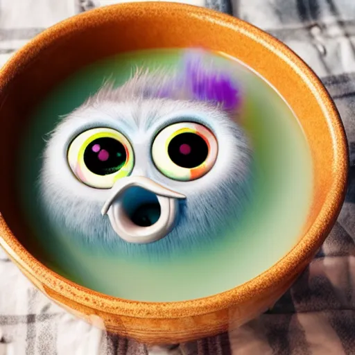 Image similar to Furby submerged in a bowl of alphabet soup