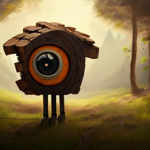 Image similar to a walking wood and metal house with two mechanical legs and two eyes, rust, hyperrealistic, highly detailed, cinematic, single ray of sun, morning, pareidolia, gravity falls style, beautiful, cgssociety, artstation, 8 k, oil painting, digital art