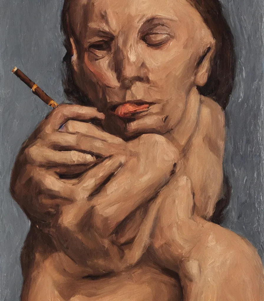 Prompt: the face and shoulders of a young woman without shirt in the style of lucian freud. smoking a cigarette. one hand is reaching behind he head. face has many wrinkles, cuts and character. he is looking down. oil painting, thick brush strokes. shadows. clean gray brown background. lit by a single light from above his head. perspective from below. 5 0 mm