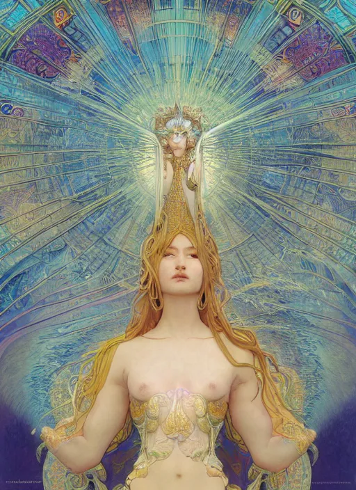 Image similar to goddess angel of tranquility::1 hyper detailed, character concept, full body, dynamic pose::2 intricate, lineart, cerpuscular rays, by yoshitaka amano, alfons mucha, 4k