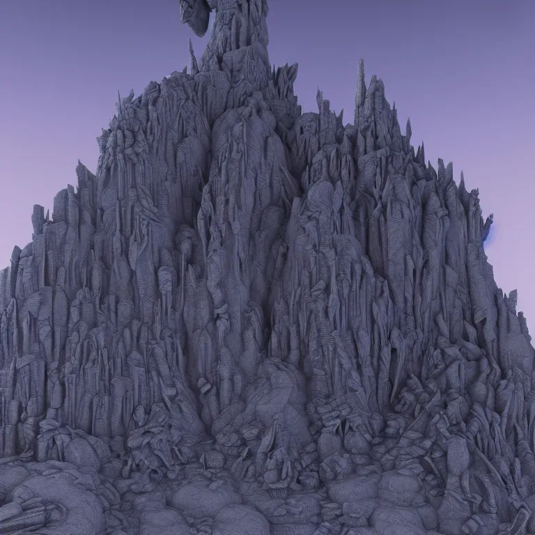 Image similar to 3D photorealistic render of a impressive and sophisticated monument in the mountain. Art by Wayne Barlowe and Stanisław Szukalski, Voxel art, octane render, 4k, unreal 5, highly detailed, wide angle, intricate complexity, sharp focus, cinematic lighting, Trending on Artstation