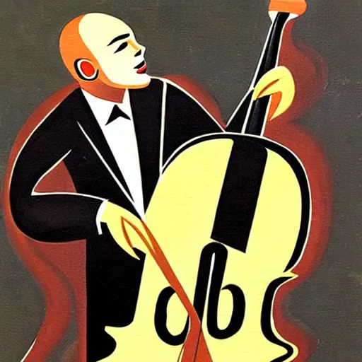 Prompt: An art deco painting of a pitbull playing an upright bass.