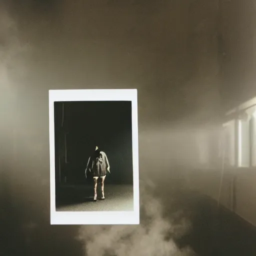 Prompt: you are lost in the backrooms, ghost, polaroid, laminal space, foggy