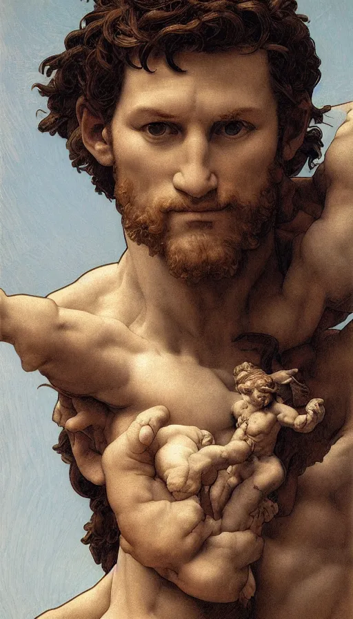 Image similar to Michelangelo\'s David, highly detailed, digital painting, artstation, concept art, smooth, sharp focus, illustration, ArtStation, art by artgerm and greg rutkowski and alphonse mucha and J. C. Leyendecker and Edmund Blair Leighton and Katsuhiro Otomo and Geof Darrow and Phil hale and Ashley wood and Ilya repin and Charlie Bowater