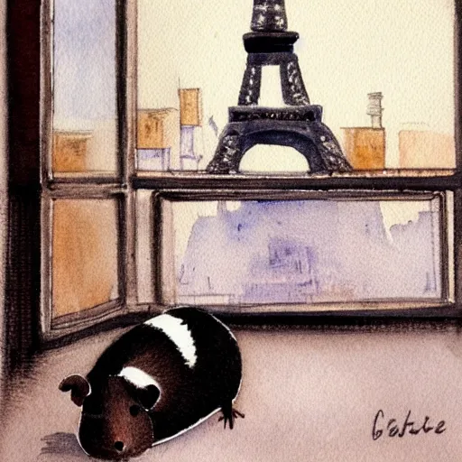 Image similar to a guinea pig sitting in a cafe in paris, it's evening, the eiffel tower is visible in the background, watercolour realism