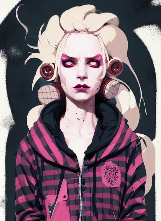 Image similar to highly detailed portrait of a sewer punk lady, tartan hoody, blonde ringlet hair by atey ghailan, by greg rutkowski, by greg tocchini, by james gilleard, by joe fenton, by kaethe butcher, gradient magenta, black, blonde cream and white color scheme, grunge aesthetic!!! ( ( graffiti tag wall background ) )