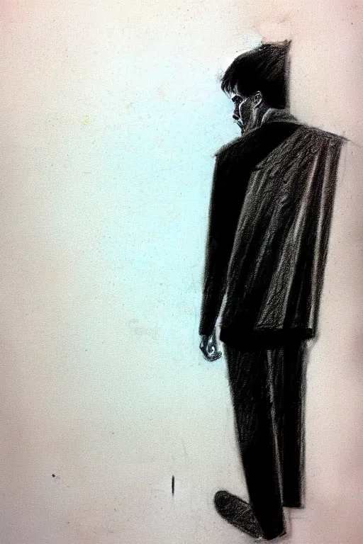 Image similar to a drawn man standing in the rain. pencil sketch.