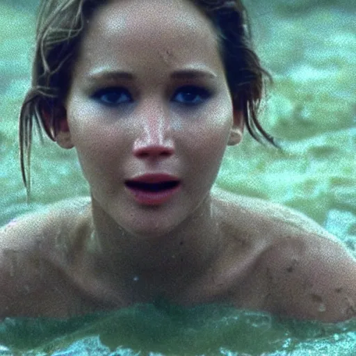 Image similar to film still, close up, jennifer lawrence rising out of muddy vietnam river, face covered in mud, low camera angle at water level, night time, film still from apocalypse now ( 1 9 7 9 ), 2 6 mm.