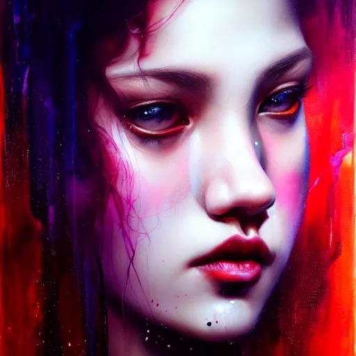 Image similar to rose of blackpink, hyperrealistic portrait, bladerunner street, by karol bak and agnes cecile, fantasy art, photo realistic, dynamic lighting, artstation, poster, volumetric lighting, very detailed face, intricate complexity, 8 k, award winning