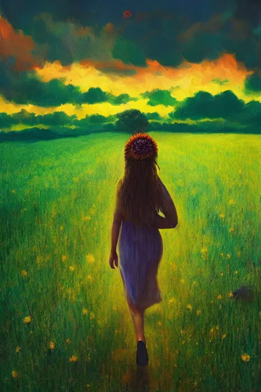 Image similar to giant corn flower head, girl walking in a green valley, surreal photography, sunrise, dramatic light, impressionist painting, colorful clouds, digital painting, artstation, simon stalenhag