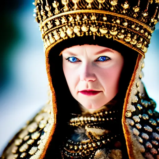 Image similar to portrait photograph of a very beautiful nordic queen with ornate cloak, bokeh, graflex camera, macro 25mm