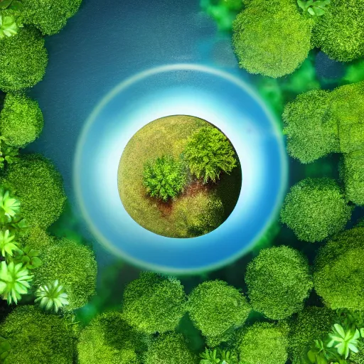 Prompt: spherical planetary view of a clear water planet with green plants grown throughout and floating on top, realistic, high detail, 4 k, clear water, lily pad, planet, water planet, profile picture, nostalgic