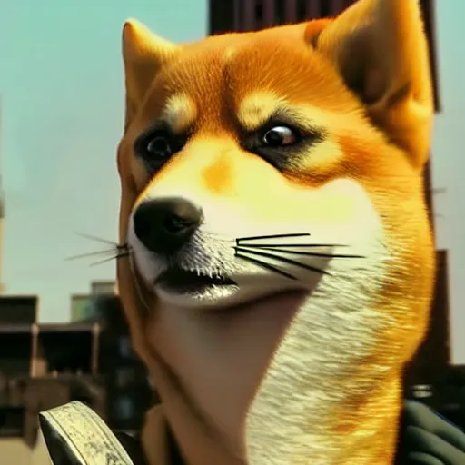 Image similar to A man in post-apocalyptic clothes wearing a latex mask of a Shiba Inu as Robert Neville in I Am Legend (2007), film grain, dof, chromatic aberration