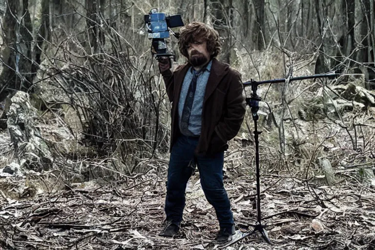 Image similar to peter dinklage shooting lighting as a wizard, movie still, from the new blair witch project movie, 8 k, realistic
