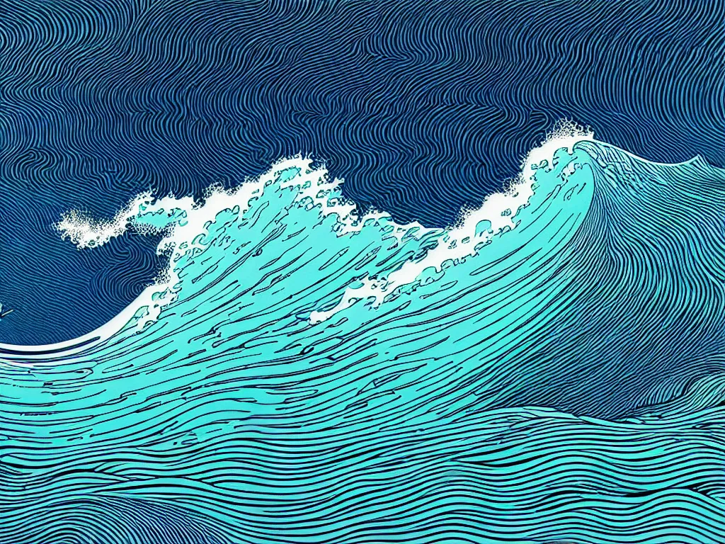 Prompt: ocean wave by balmy enso, jamie hewlett, nicolas delort, moebius, victo ngai, josan gonzalez, kilian eng