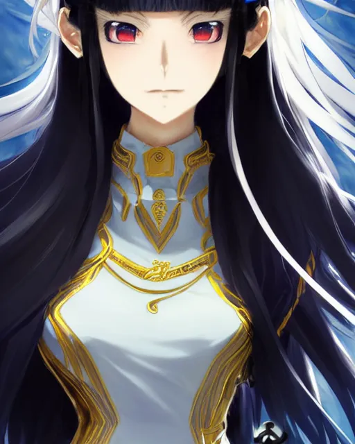 Image similar to anime character portrait of a female martial artist!! long black hair! blue eyes! kicking!! elegant, intricate outfit gold and white outfit! fine details by stanley artgerm lau, wlop, rossdraws, james jean, andrei riabovitchev, marc simonetti, and sakimichan, trembling on artstation