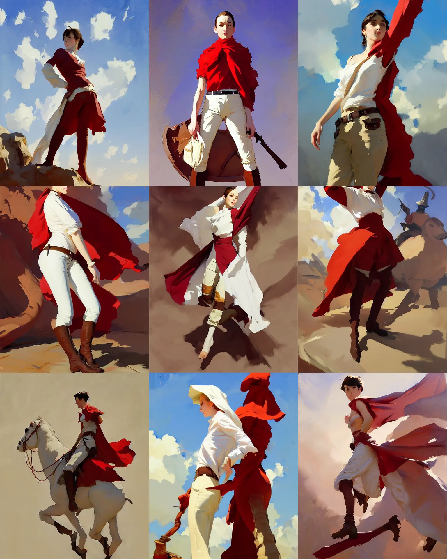 Prompt: white brown red cloth fabric jodhpurs greg manchess painting by sargent and leyendecker, studio ghibli, fantasy, medium shot, asymmetrical, intricate, elegant, matte painting, illustration, hearthstone, by rhads by greg rutkowski, by greg tocchini, by james gilleard, by joe fenton