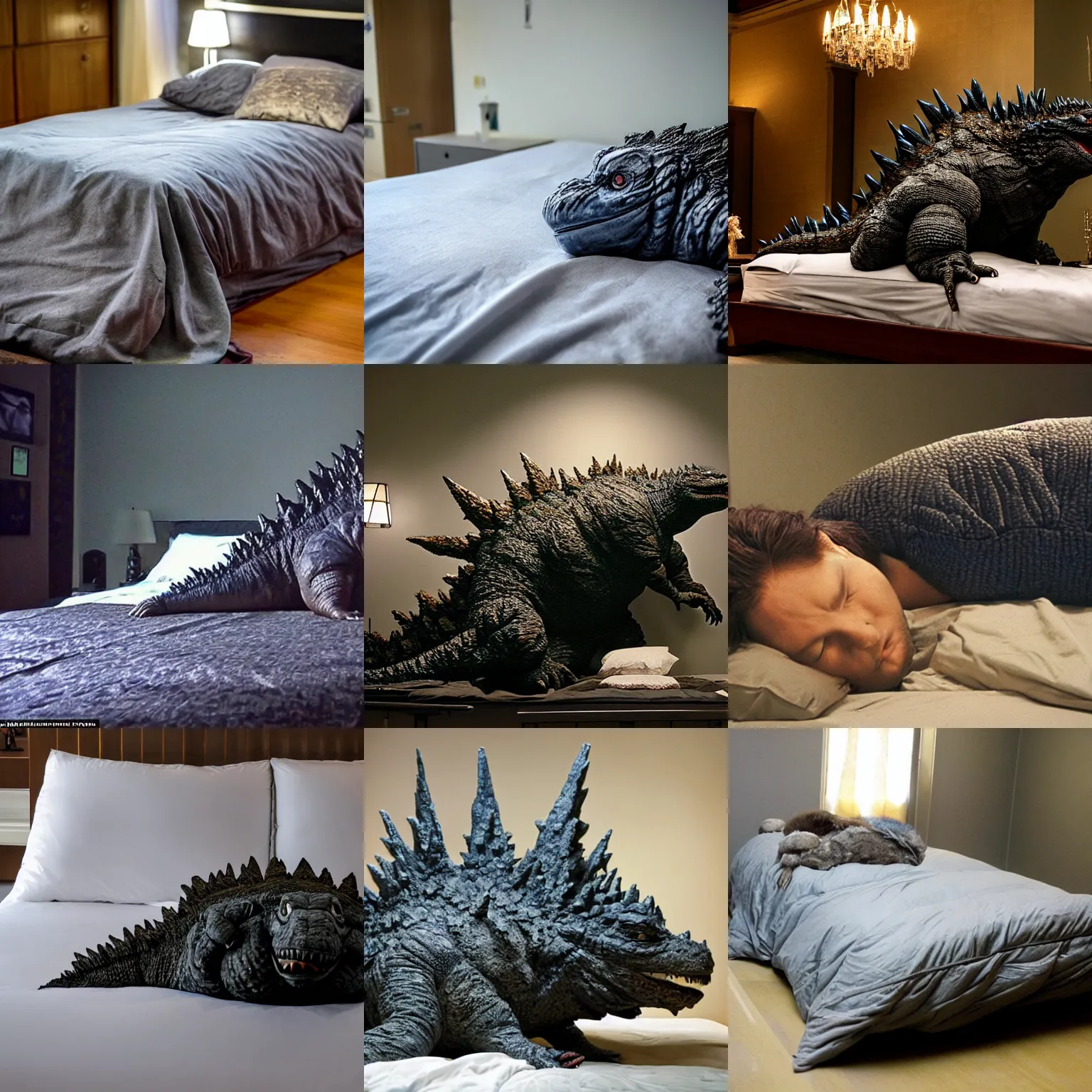 Prompt: godzilla sleeps in a bed under bed sheets with his head on the cushion in a large room