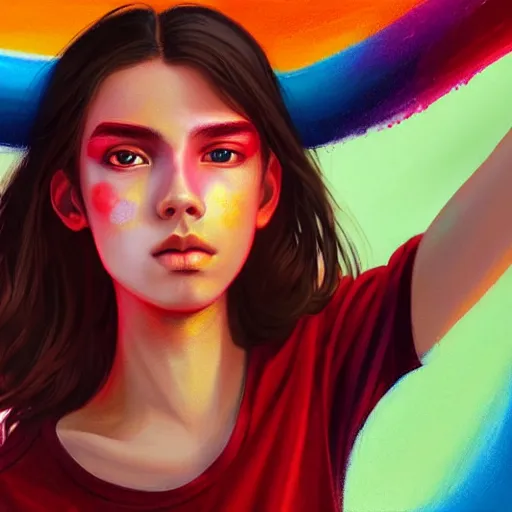 Image similar to colorful and festive captivating teenager with straight brown hair covering his eye, dark skin, big lips, big eyes, wearing a red t - shirt. rich vivid colors, ambient lighting, dynamic lighting, 4 k, atmospheric lighting, painted, intricate, highly detailed by charlie bowater