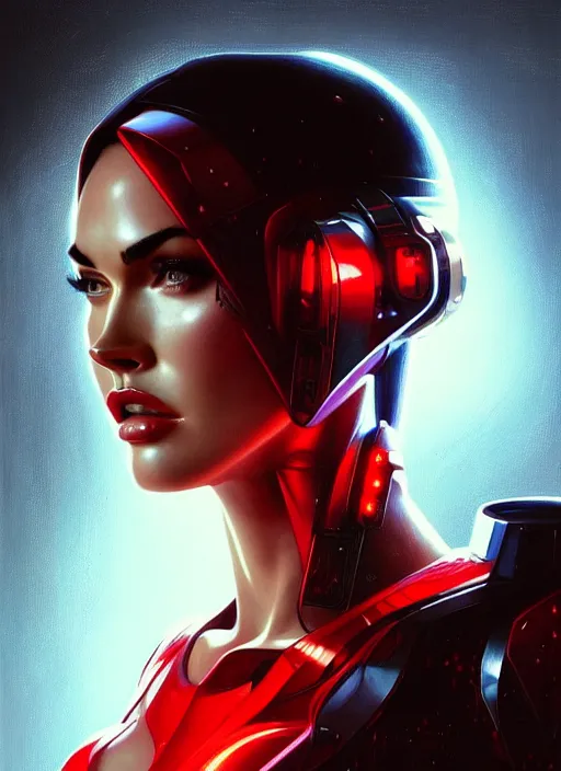 Image similar to portrait of megan fox as v, cyberpunk, technology, augmented body, chrome, science fiction, cd project red, intrigante, headshot, highly detailed, digital painting, artstation, concept art, sharp focus, cinematic lighting, illustration, art by artgerm and greg rutkowski, alphonse mucha, cgsociety