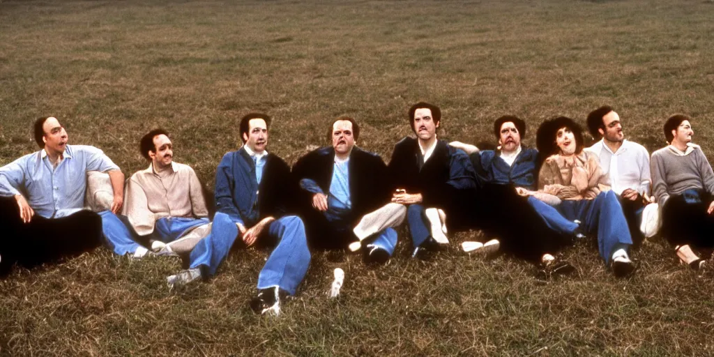 Image similar to the cast of seinfeld in a wide open field, photograph by andrei tarkovsky