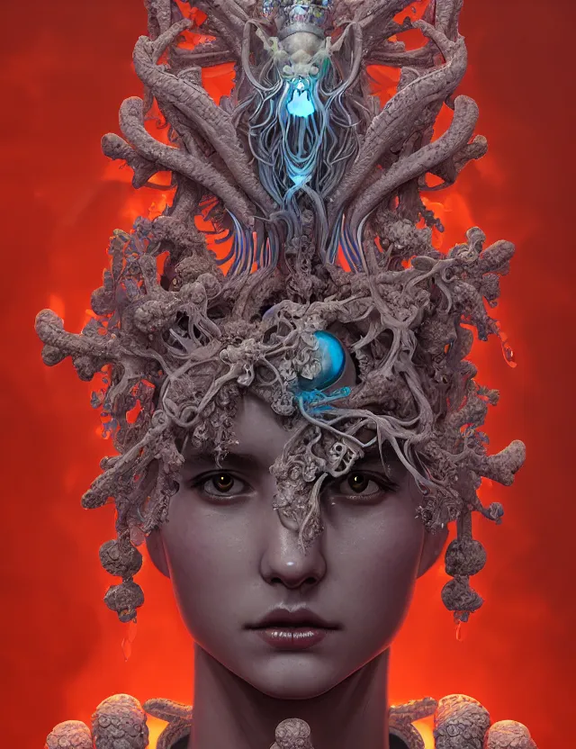 Image similar to symmetrical, centered, zbrush sculpt of goddess close-up portrait wigh crown made of skulls. phoenix betta fish, phoenix, bioluminiscent creature, super intricate ornaments artwork by Tooth Wu and wlop and alena aenami and greg rutkowski