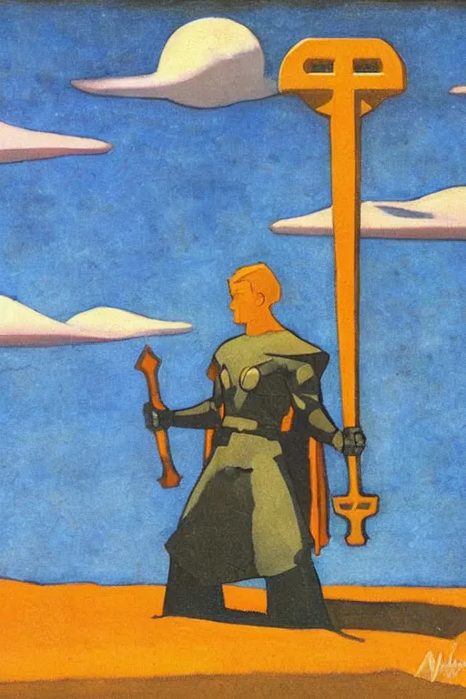 Prompt: thor with mjollnir, marvel, artwork by nicholas roerich,