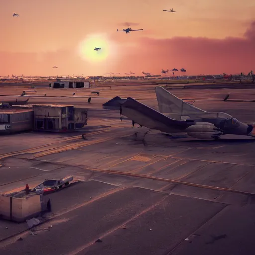 Prompt: photo of a 8k ultra realistic abandoned airport with hundreds of planes, planes, wreck, jets, sunset, cinematic lighting, trending on artstation, enreal engine 5, masterpiece, concept art