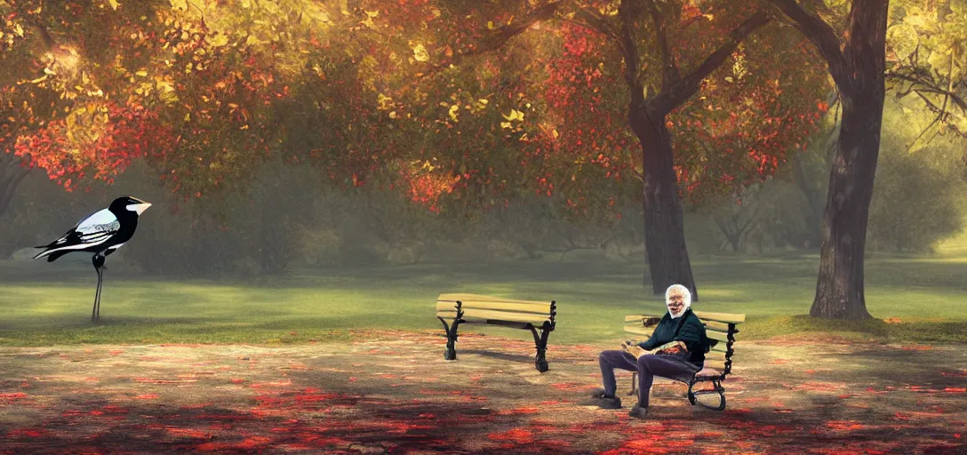 Prompt: Morgan Freeman sitting on a park bench with a colorful magpie yelling in his ear, cloudy autumn day, 8k octane render