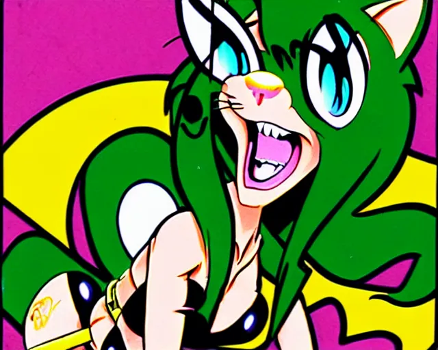 Prompt: high - quality anime catgirl in rat fink style by ed roth, crazy bulging eyes janky teeth riding in a hot rod, road rage, inspired by rat fink hot rods and 8 0 s bishoujo anime, vhs filter