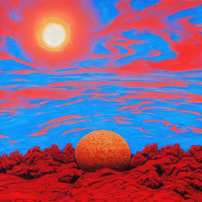 Image similar to a alien planet with a red ocean and blue sand and rocks at sunrise, bob ross painting, high coherence, highly detailed, high quality, masterpiece, award - winner, hyperrealistic