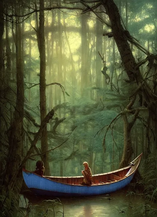 Image similar to boat in the woods by a river gorgeous lighting, lush forest foliage blue sky a hyper realistic painting by chiara bautista and beksinski and norman rockwell and greg rutkowski, tom bagshaw weta studio, and lucasfilm