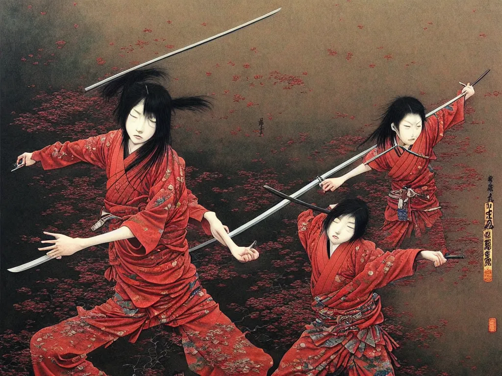 Image similar to Japanese schoolgirl runs away from Samurai with a katana on the subway, high detailed Beksinski painting, part by Adrian Ghenie and Gerhard Richter. art by Takato Yamamoto. masterpiece