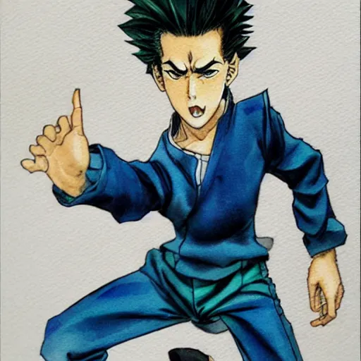 Prompt: young boy angry, pompadour hairstyle, art by hirohiko araki, jotaro kujo, action pose, manga cover, watercolor