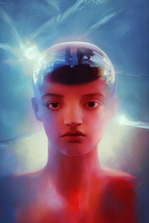 Image similar to 3 d, sci - fi, morning, closed eyes fashion model face, sun, cinematic, lightning clouds, vogue cover style, stanley kubrick, light red and deep blue mood, realistic painting, intricate oil painting, high detail, figurative art, multiple exposure, poster art, 3 d, by tooth wu and wlop and beeple and greg rutkowski